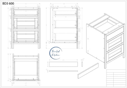 BD3 600 - 600mm Wide 3 drawer base unit - The Painted Kitchen Company Ltd