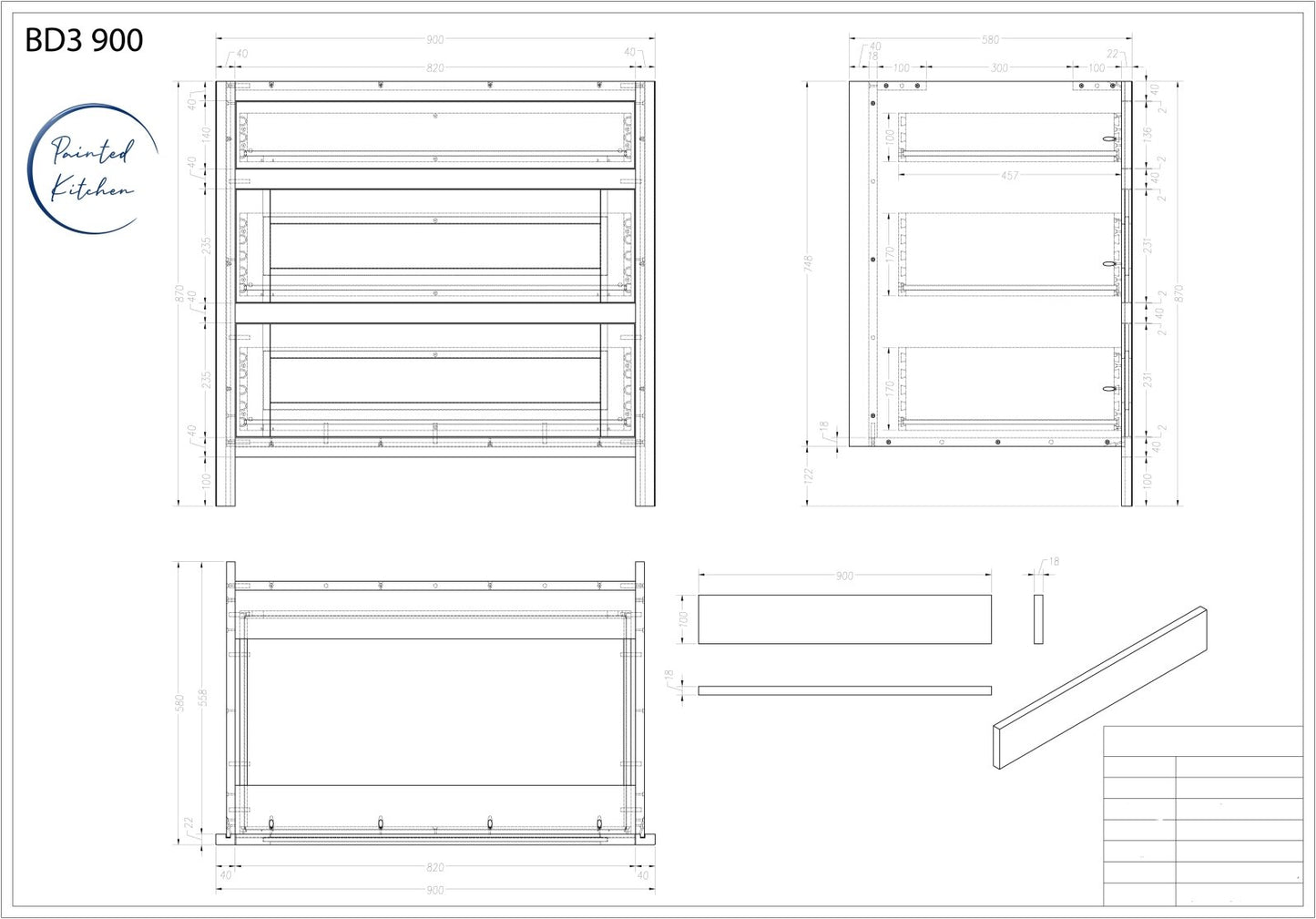 BD3 900 - 900mm Wide 3 drawer base unit - The Painted Kitchen Company Ltd