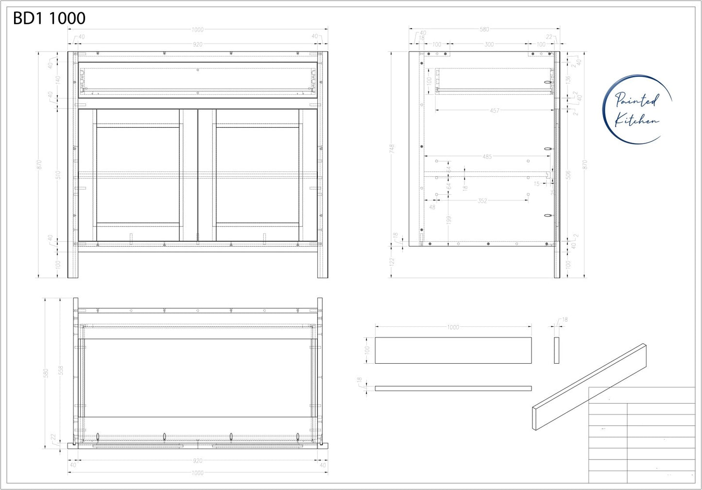 BDL 1000 - 1000mm Wide Drawerline base, single drawer, 2 door - The Painted Kitchen Company Ltd