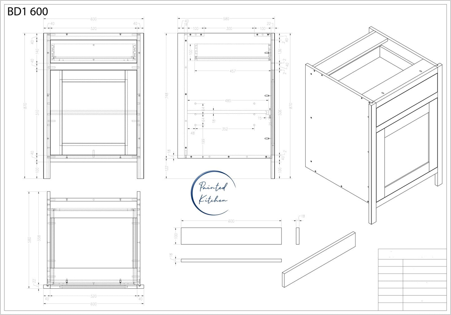 BDL 600 - 600mm Wide Drawerline single drawer, single door base - The Painted Kitchen Company Ltd