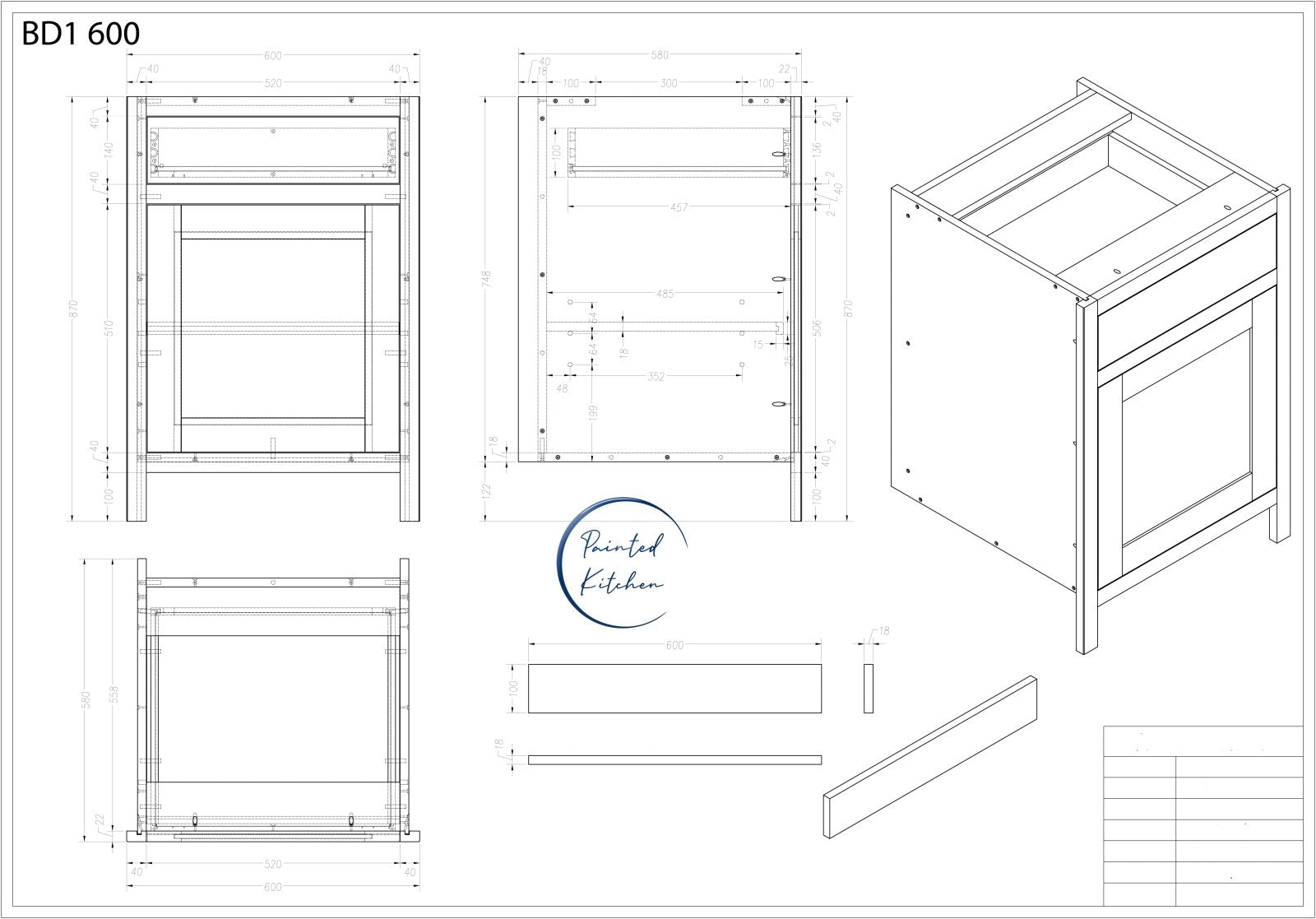 BDL 600 - 600mm Wide Drawerline single drawer, single door base - The Painted Kitchen Company Ltd