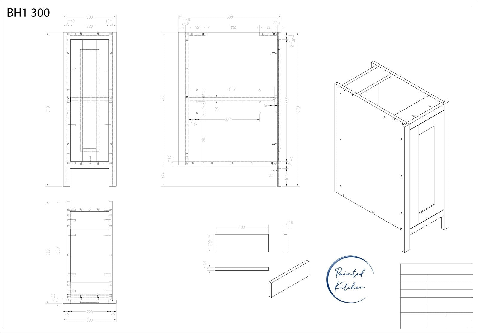 BH 300 - 300mm Highline single door base unit - The Painted Kitchen Company Ltd