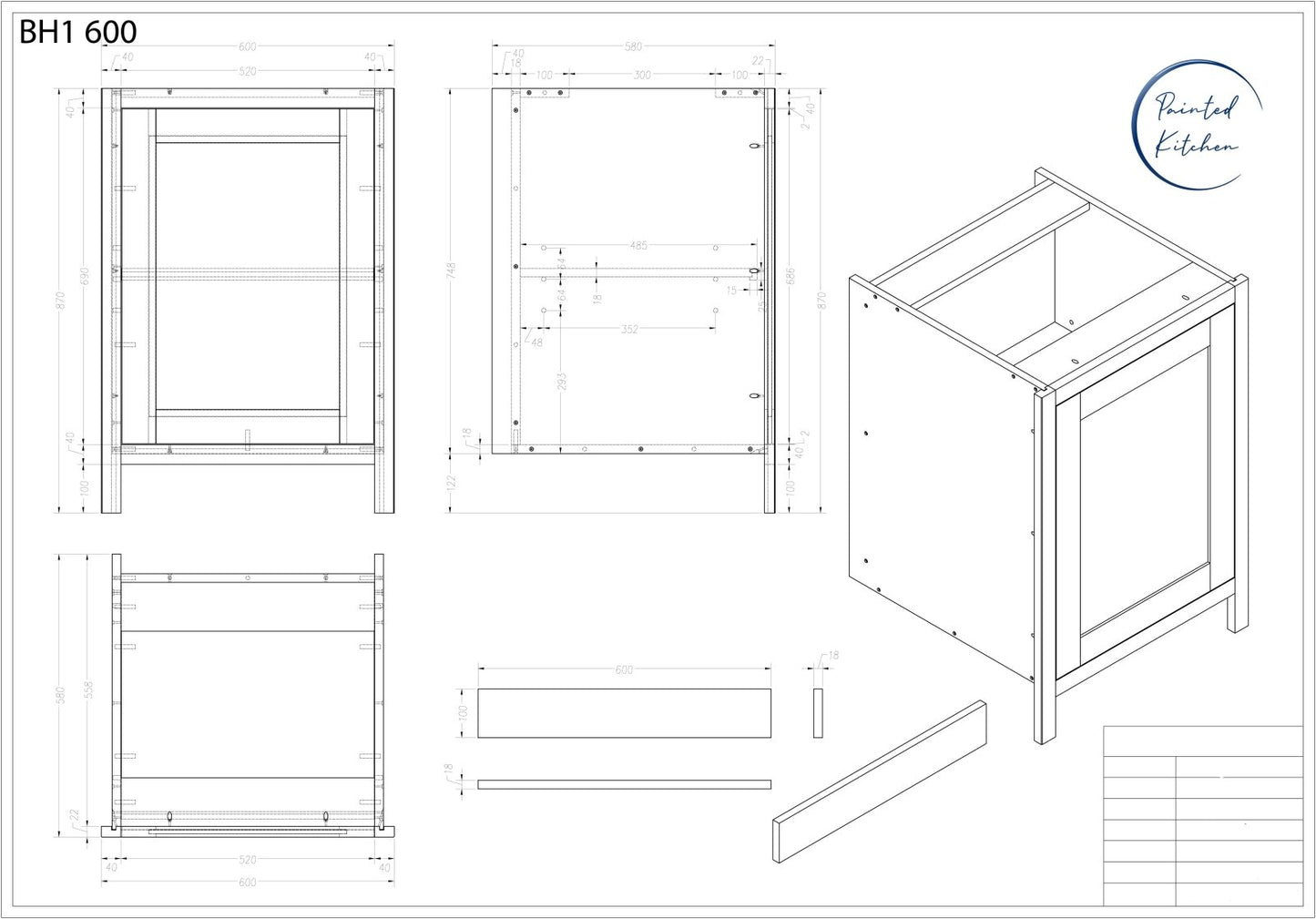 BH 600 - 600mm Highline single door base unit - The Painted Kitchen Company Ltd