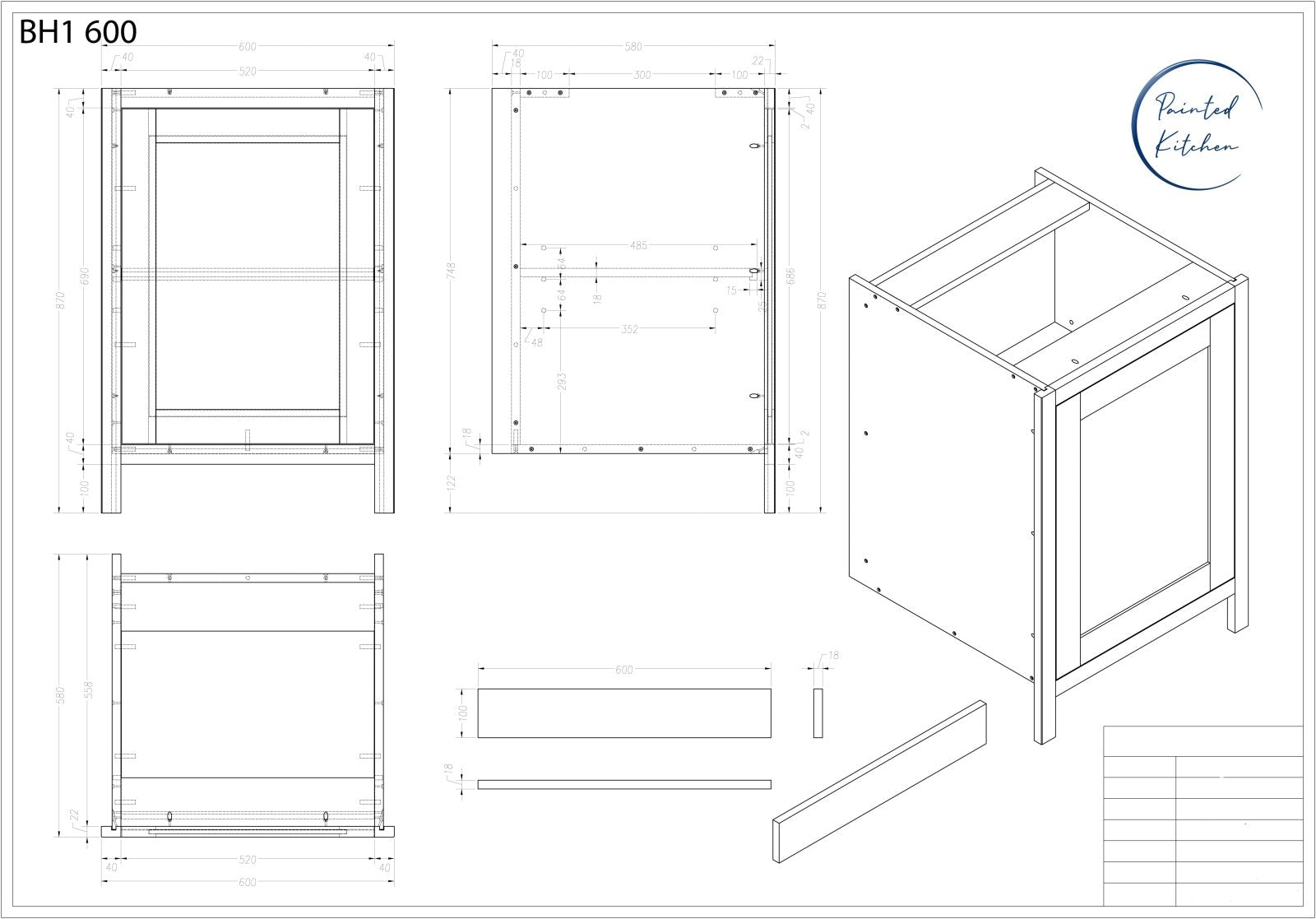 BH 600 - 600mm Highline single door base unit - The Painted Kitchen Company Ltd