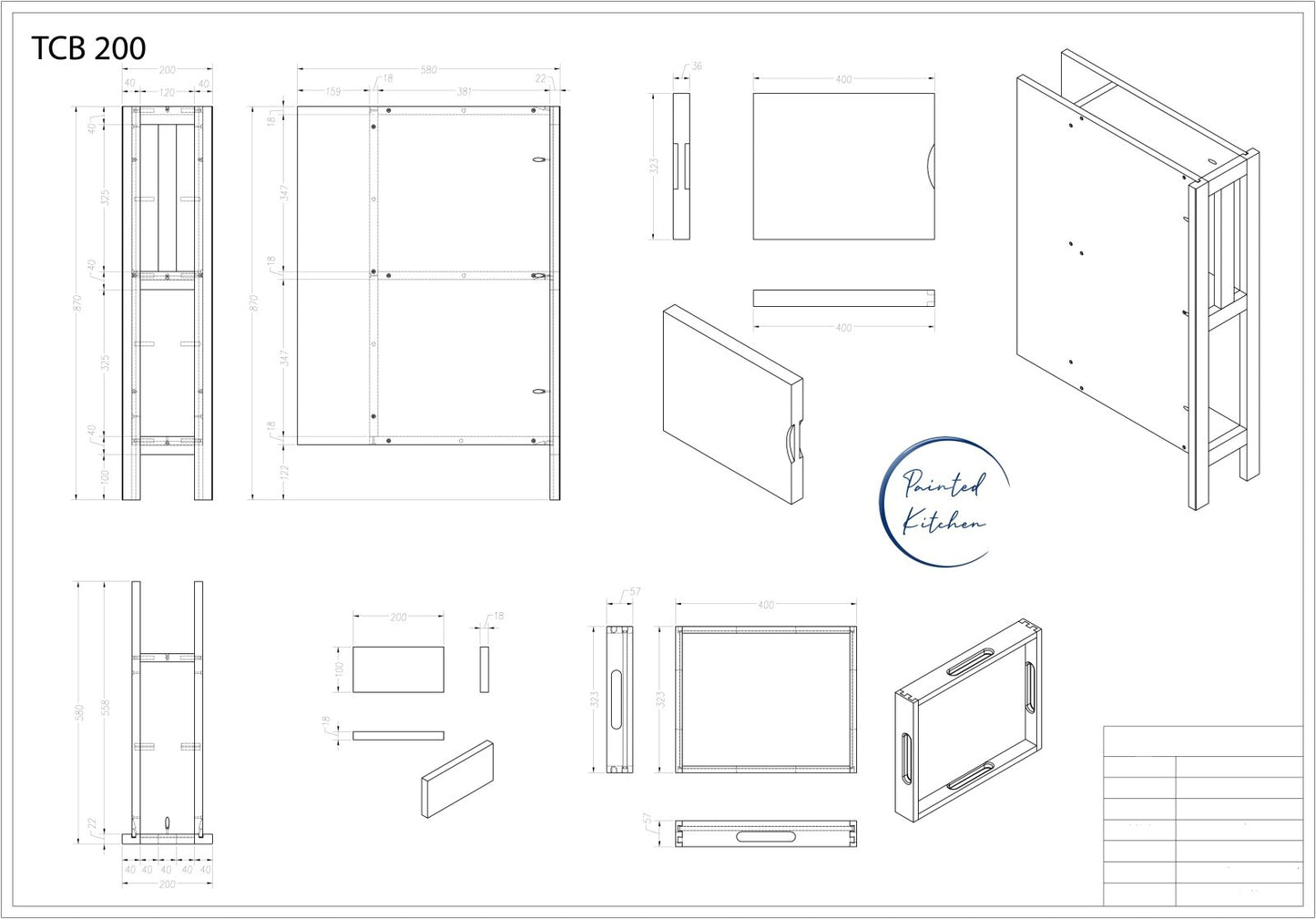 TCB 200 - 200mm Wide Tray and Chopping board space, 2 x Trays and 2 x Chopping boards included - The Painted Kitchen Company Ltd