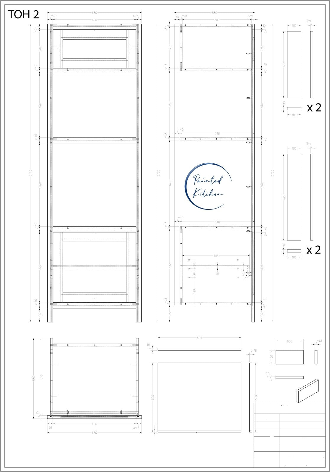 TOH 2 - 680mm Wide Tall Oven housing with single aperture for a 600mm oven & a second for 460mm Oven - The Painted Kitchen Company Ltd