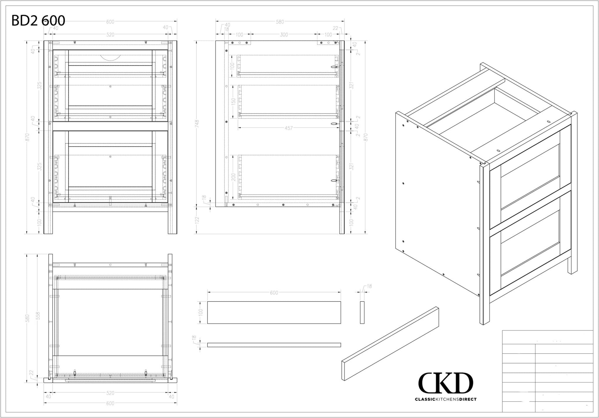BD2 600 - 600mm Wide 2 drawer base plus a hidden internal drawer (Bespoke) - Classic Kitchens Direct