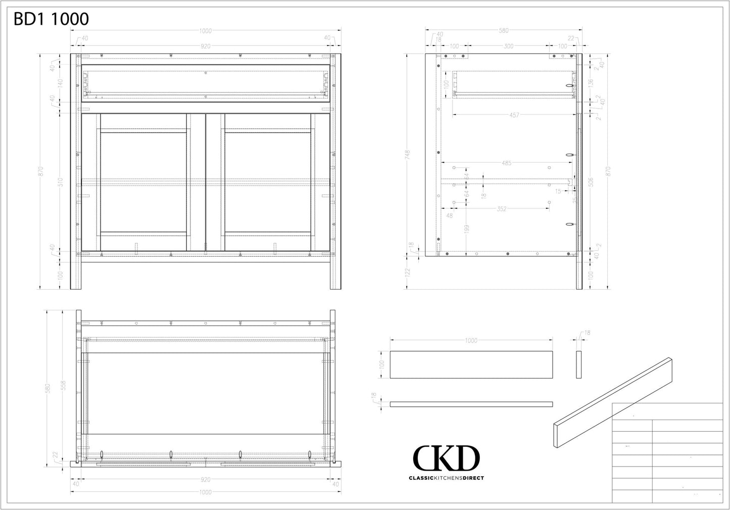 BDL 1000 - 1000mm Wide Drawerline base, single drawer, 2 door - Classic Kitchens Direct