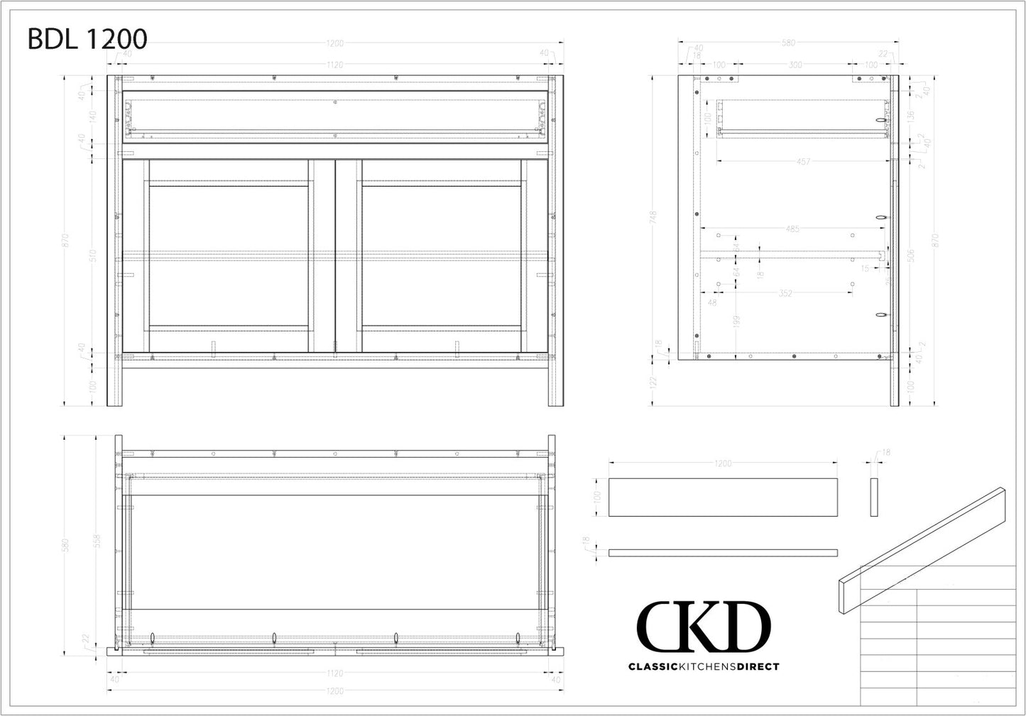 BDL 1200 - 1200mm Wide Drawerline base, 1 drawer, 2 door - Classic Kitchens Direct