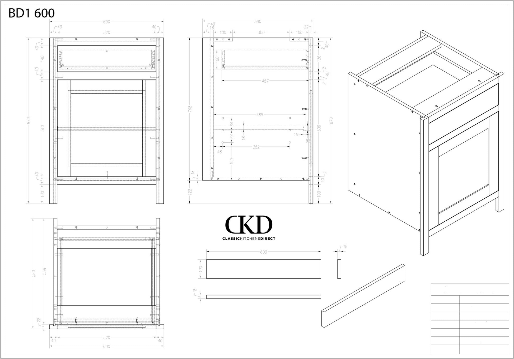 BDL 600 - 600mm Wide Drawerline single drawer, single door base - Classic Kitchens Direct