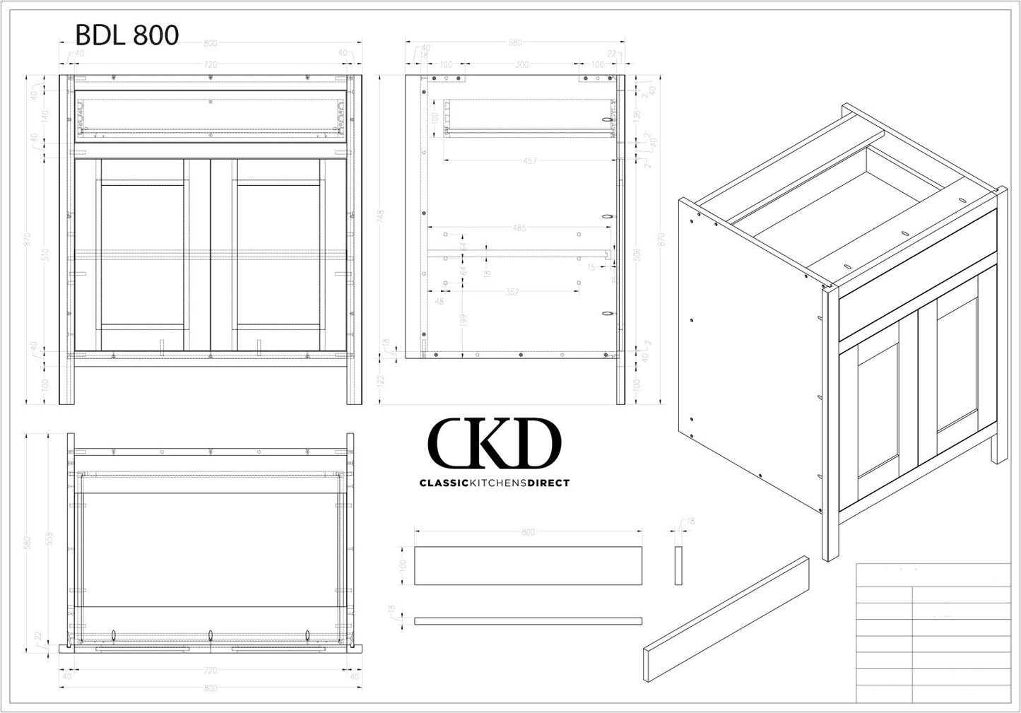 BDL 800 - 800mm Wide Drawerline base, 1 drawer, 2 door - Classic Kitchens Direct