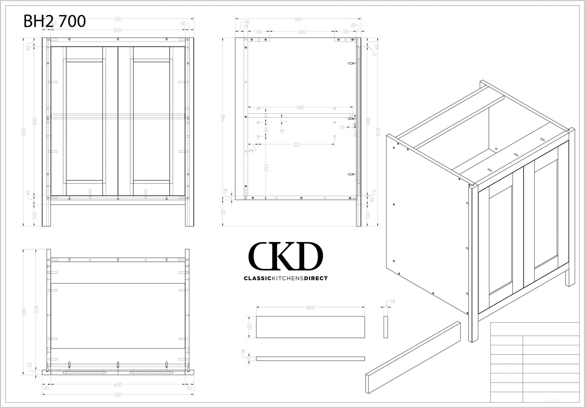 BH 700 - 700mm Highline double door base unit - Classic Kitchens Direct