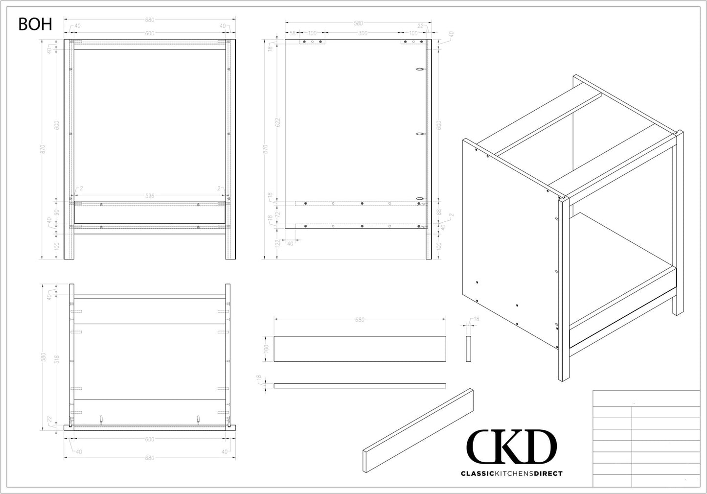 BOH - 680mm Wide Base oven Housing with 1 x 600mm opening - Classic Kitchens Direct