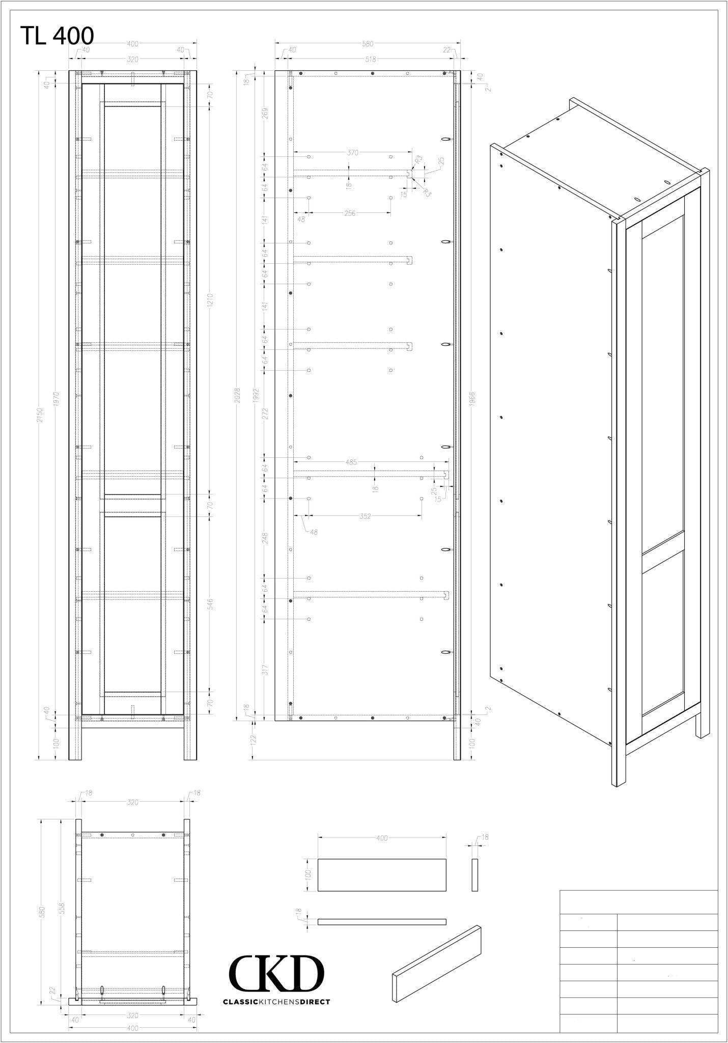 TL 400 - 400mm Wide Tall single door larder Unit - Classic Kitchens Direct